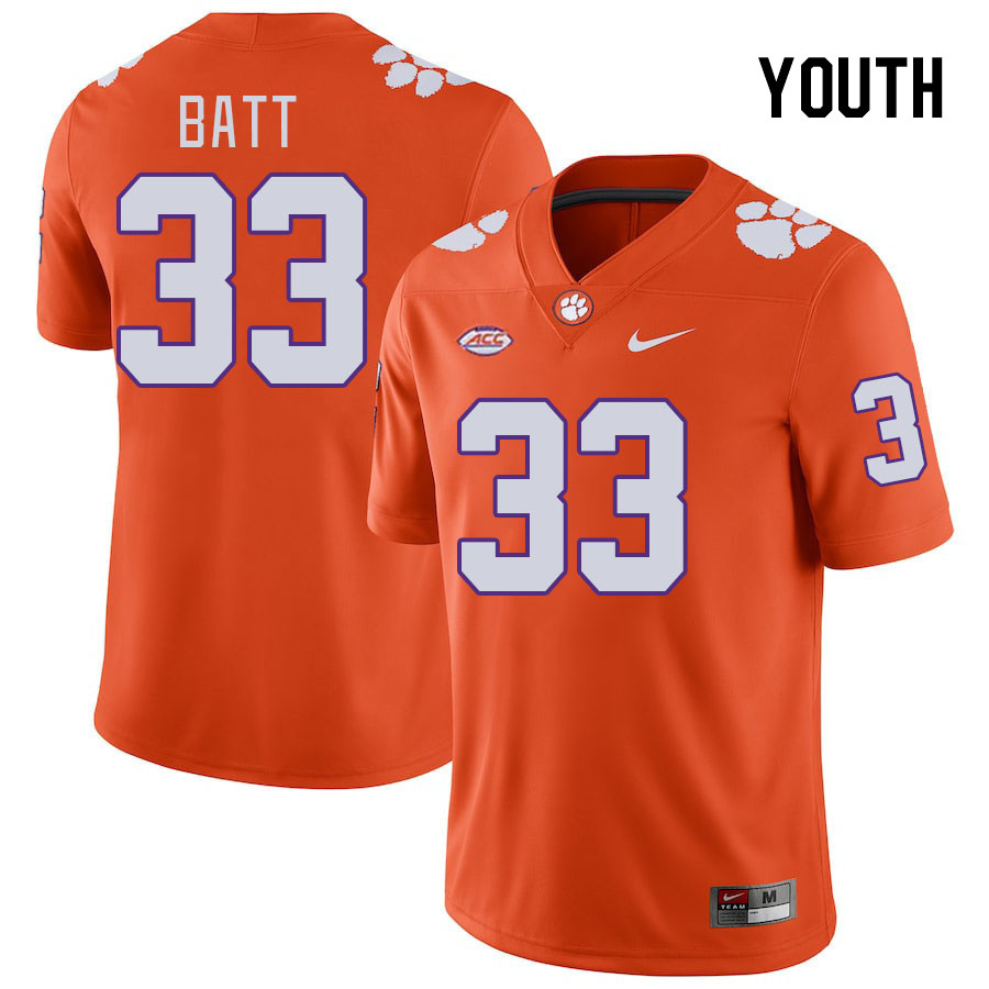 Youth Clemson Tigers Griffin Batt #33 College Orange NCAA Authentic Football Stitched Jersey 23OY30KG